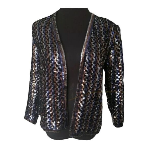 Women Sequined Open Front Cardigan Size M Black Multicolor Sheer Long-Sleeve - Picture 1 of 11